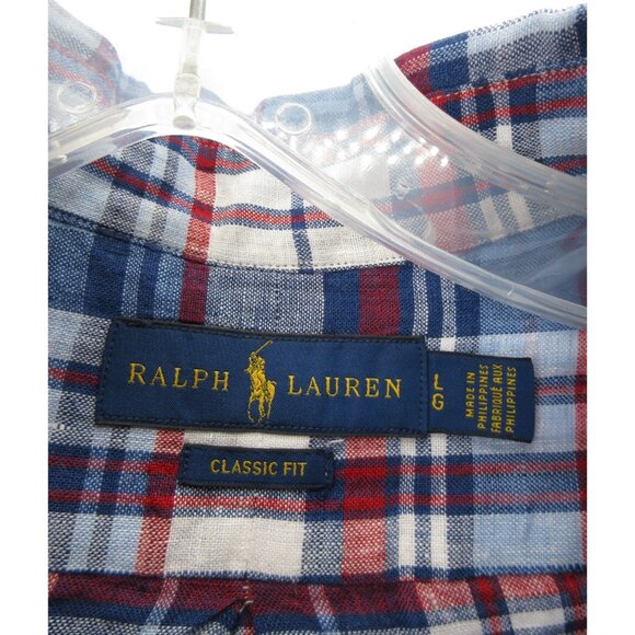 Ralph Lauren Shirt Large Linen Plaid Button Down Red Pony Classic Fit - Picture 9 of 11